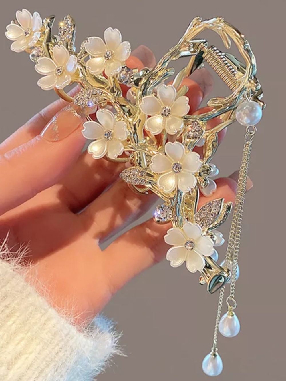 Pearl Flower Tassel Hair Claw Pearl Fringe Hair Clip Hair Accessories Elegant